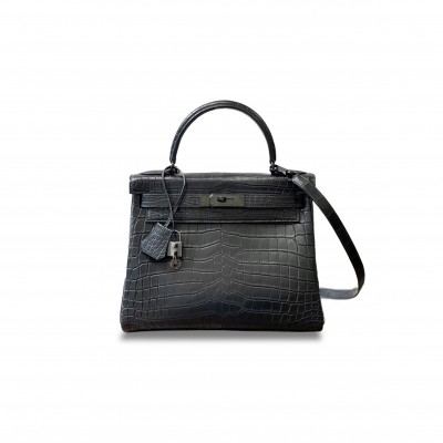 HERMÈS MASTER KELLY 28 SO BLACK MATTE NILE CROCODILE BLACK HARDWARE (28*22*10cm) 